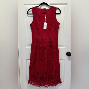 Sleeveless Red Lace Sheath Dress